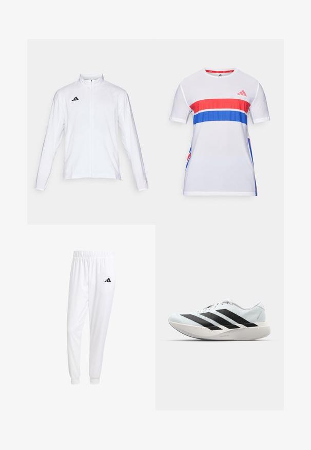 Giacca atletica bianca con maniche lunghe, colletto alto e zip lungo. Presenta il logo nero a tre strisce sul lato sinistro superiore.; Maglietta sportiva bianca con strisce orizzontali rosse e blu, realizzata in tessuto traspirante, con maniche corte e design a girocollo.; Pantaloni sportivi bianchi realizzati in tessuto liscio, con una vita elasticizzata e polsini aderenti, dotati di un logo nero sulla tasca posteriore.; Scarpe da corsa leggere di colore azzurro pallido con strisce nere. Presentano una tomaia liscia, punta rotonda e un'ampia intersuola bianca etichettata "LIGHTSTRIKE PRO."