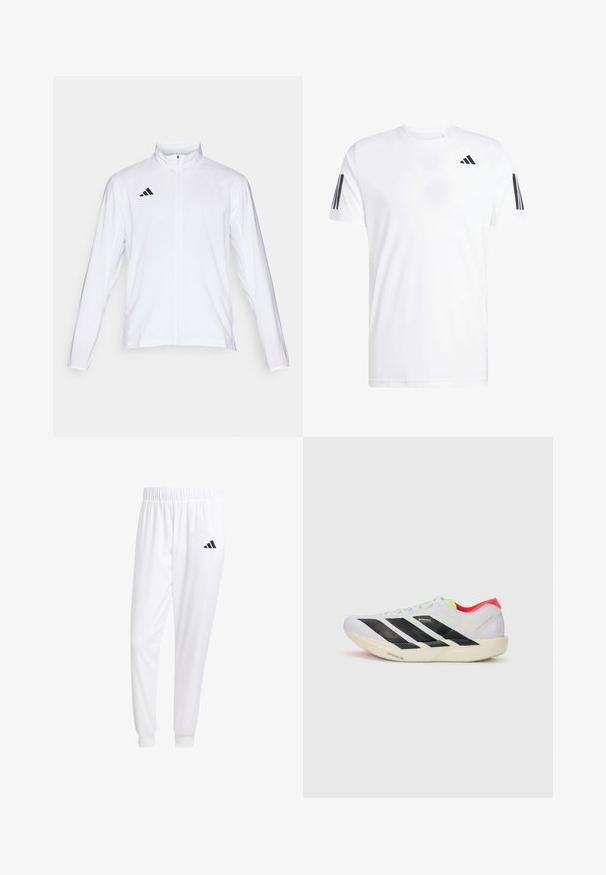 Vit sportjacka med långa ärmar, hög krage och hel dragkedja. Har en svart logotyp med tre ränder på övre vänstra sidan.; Vit t-shirt av tyg med korta ärmar, rundad halsringning och tre svarta diagonala ränder på varje ärm. Diskret logotyp på bröstet.; Vita atletiska byxor gjorda av slät tyg, med resårmidja och åtsittande manschetter, samt en svart logotyp på bakfickan.; Vit löparskor med svarta ränder, neongröna accenter och en röd häl. Har en lätt vikt och en strukturerad sula för grepp.