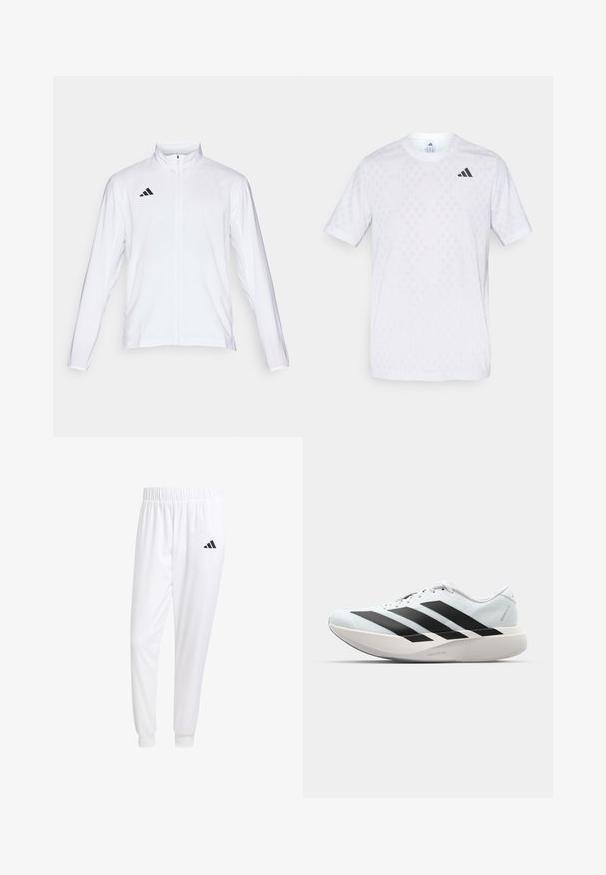White athletic jacket with long sleeves, high collar, and full-length zipper. Features black three-stripe logo on the upper left side.; White short-sleeve t-shirt featuring a subtle diamond pattern, made from lightweight fabric, with a black adidas logo on the chest.; White athletic pants made of smooth fabric, featuring an elastic waistband and fitted cuffs, with a black logo on the back pocket.; Lightweight running shoes in pale blue with black stripes. Features a smooth upper, round toe, and thick white midsole labeled "LIGHTSTRIKE PRO."