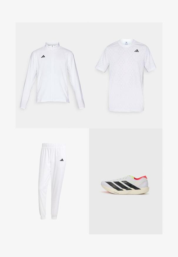 Valge sportlik jakk pikkade varrukatega, kõrge krae ja täispikk lukuga. Omab musta kolme triibu logo vasakul ülal.; Valge lühikeste varrukatega T-särk, millel on peen teemantmuster, valmistatud kerge kangaga, musta adidasi logoga rinnal.; Valged sportpüksid, mis on valmistatud siledast kangast, omavad elastset vöökohta ja kitsaid mansette, tagakoti peal on must logo.; Valge jooksuking mustade triipudega, ere roheline aksessuaar ja punane konts. Omab kerget disaini ja tekstureeritud talla, mis tagab haarde.
