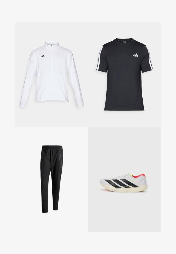 Fehér sportdzseki hosszú ujjal, magas gallérral és teljes hosszúságú cipzárral. A bal felső oldalon fekete háromcsíkos logó található.; Fekete, rövid ujjú pamut póló, fehér csíkokkal a vállain és fehér logóval a bal mellkason.; Fekete sportos nadrág elasztikus derékpánttal, két cipzáras oldalt zsebbel, tapered lábakkal és diszkrét logóval a csípőn.; Fehér futócipő fekete csíkokkal, neon zöld részletekkel és piros sarokkal. Könnyű dizájnnal és texturált talppal rendelkezik a tapadás érdekében.
