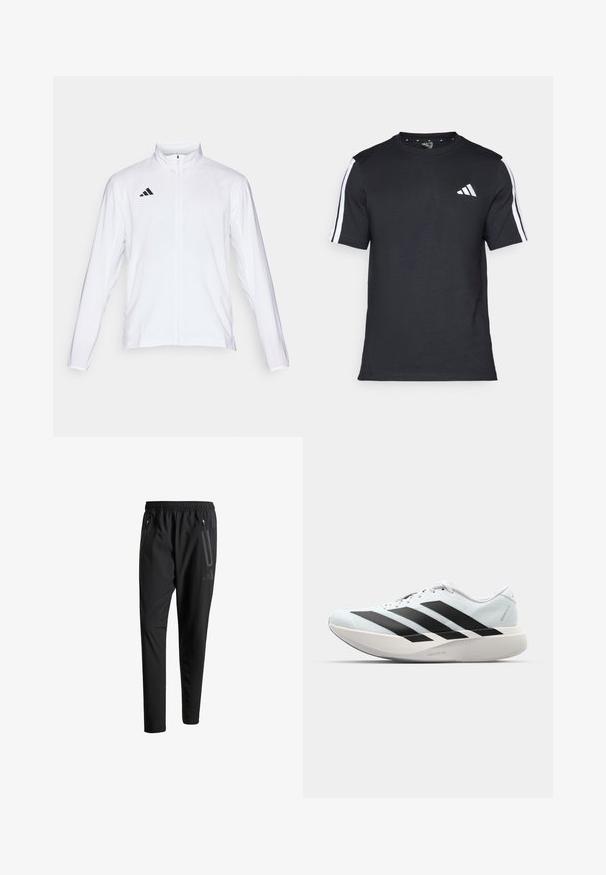 White athletic jacket with long sleeves, high collar, and full-length zipper. Features black three-stripe logo on the upper left side.; Black T-shirt made of cotton with short sleeves, featuring white stripes on the shoulders and a white logo on the left chest.; Black athletic pants with an elastic waistband, two zippered side pockets, tapered legs, and a subtle logo detail on the hip.; Lightweight running shoes in pale blue with black stripes. Features a smooth upper, round toe, and thick white midsole labeled "LIGHTSTRIKE PRO."