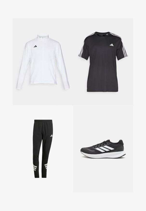 Casaco atlético branco com mangas longas, gola alta e fecho de correr completo. Apresenta o logo preto de três riscas no lado superior esquerdo.; T-shirt preta de mangas curtas com um design de três riscas brancas nos ombros e logótipo no peito. Feita de um tecido respirável, de textura suave.; Calças atléticas pretas com um cós elástico, apresentando detalhes refletivos brancos em padrão riscado nas pernas inferiores. Feitas de um tecido suave.; Shoe de atletismo preto com parte superior em malha respirável, detalhes brancos e sola almofadada. Apresenta o logotipo das três riscas na lateral.