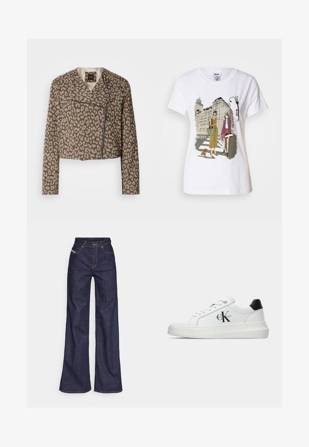 Geknipte motorjack in gestructureerde tan stof met zwart luipaardprint. Bevat een diagonale rits, ingeplooide kraag en twee zijzakken.; Witte katoen T-shirt met een geprinte illustratie van twee vrouwen in urban mode stijlen met een hond op een zebrapad en stadsgebouwen.; Donkerblauwe wijde jeans van denimstof met een hoge taille, voorzien van oranje stiksels, een vijf-pocket ontwerp en een knoopsluiting.; Witte lage sneaker met zwarte hiel tab, plateauzool, veters en Calvin Klein "CK" logo aan de zijkant.