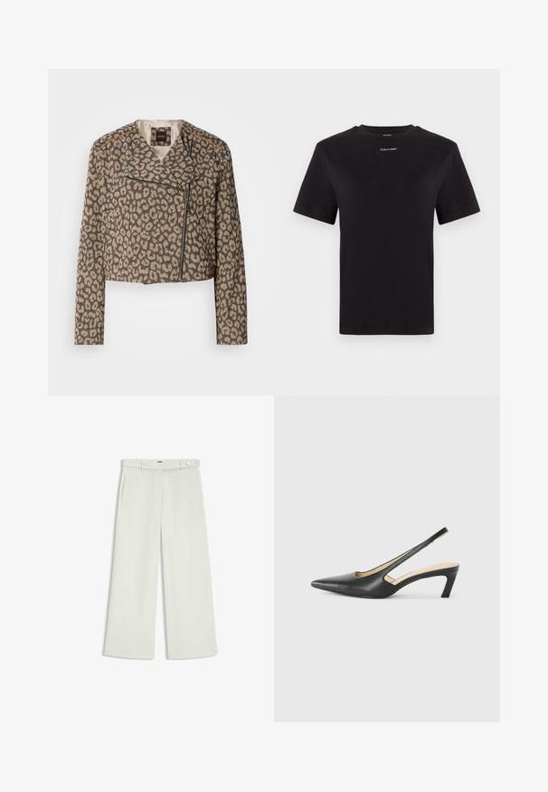 Kraftig bikerjakke i tekstureret tan-stof med sort leopardprint. Har en skrå lynlås, en notch-krave og to sidelommer.; Sort bomulds t-shirt med korte ærmer, rund halsudskæring og lille hvid "Calvin Klein" logo på brystet. Glat tekstur, klassisk pasform.; Bredde bukser i lys cremefarvet stof, med sidelommer, flad front og en enkelt knaplukning i taljen. Glat tekstur.; Sorte spidse slingback-sko med en lav hæl, lavet af glat læder og med udskæringer på siden for åndbarhed.