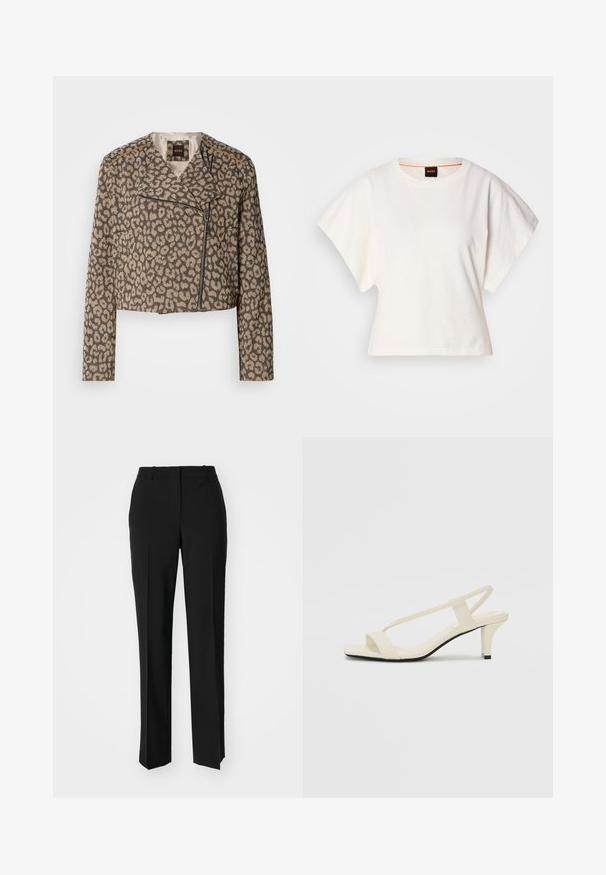 Cropped biker jacket in textured tan fabric with black leopard print. Features a diagonal zipper, notched collar, and two side pockets.; White cropped T-shirt, short wide sleeves, soft cotton material, round neckline with subtle orange trim, minimal design, no patterns or graphics.; Black tailored trousers with a straight-leg design, featuring a smooth texture and crisp creases along the front. No visible hardware.; Beige block-heeled sandals with thin straps and a square toe. Smooth material with minimal detailing, designed for easy wear.
