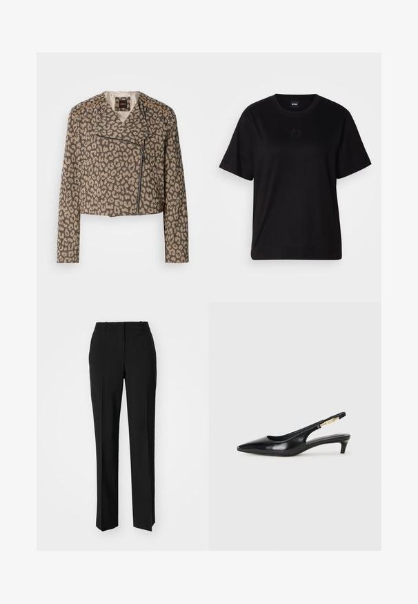 Geknipte motorjack in gestructureerde tan stof met zwart luipaardprint. Bevat een diagonale rits, ingeplooide kraag en twee zijzakken.; Zwarte katoenen t-shirt met een ronde hals, korte mouwen en een geborduurd logo op de borst. Eenvoudige, comfortabele pasvorm zonder patronen.; Zwarte op maat gemaakte broek met een recht model, voorzien van een soepele textuur en scherpe plooien aan de voorkant. Geen zichtbare hardware.; Zwarte leren slingback hakken met een spitse neus, voorzien van een slanke hak en een goudkleurige accent op de verstelbare band. Gladde textuur.