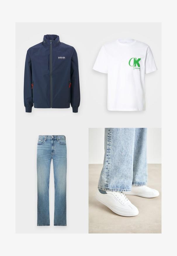 Jūras zila viegla jaka ar augstu apkakli, priekšējām rāvējslēdzēja atverēm un divām sānu kabatām, kurām ir sarkanas auklas un pelēki akcenti. Logo uz krūtīm.; Balts kokvilnas T-krekls ar zaļu CK logo kreisajā krūtīs. Klasiska apļa kakla dizains ar īsām piedurknēm un taisnu apakšdaļu.; Gaiši zili džinsa bikses ar taisnu kājas griezumu, piecu kabatu dizainu un izbalinātu apdari. Ir pogu aizdare un jostas cilpas.; Baltas kedas ar gludu materiālu, auklām, teksturētu gumijas zoli un tirkīza akcentu uz papēža, apvienoti ar gaiši ziliem džinsiem.