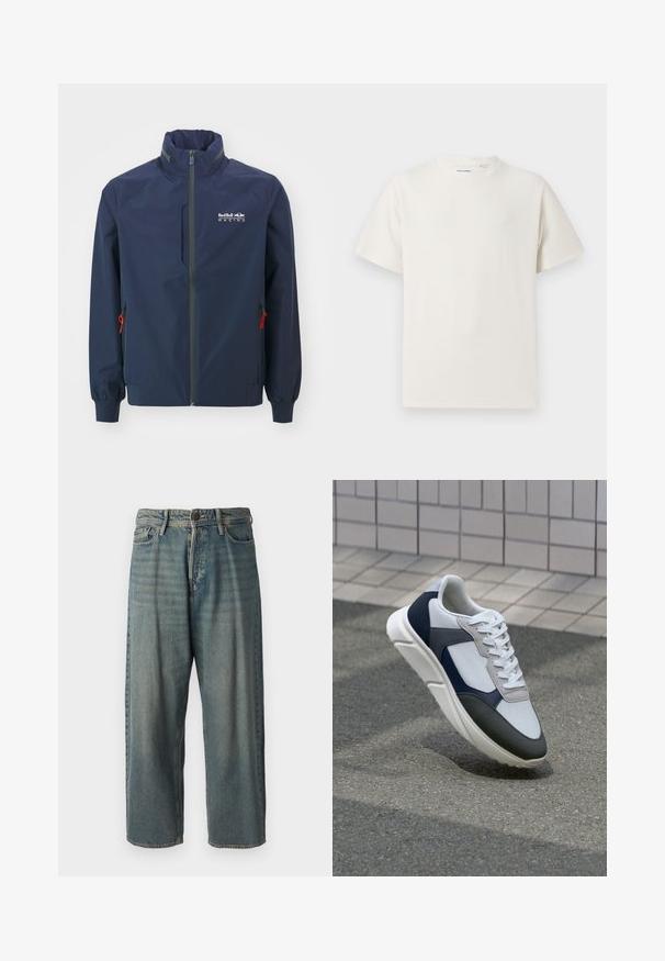 Námořnická modrá lehká bunda s vysokým límcem, předním zipem a dvěma bočními kapsami s červenými stahovacími šňůrkami a šedými detaily. Logo na hrudi.; Bílý krátký rukáv tričko s pružnou strukturou. Kulatý výstřih, volný střih, bez viditelných vzorů nebo detailů. Jednoduchý a univerzální design.; Světle modré denimové džíny s volným střihem, středně vysokým pasem a rovnými nohavicemi. Obsahují pět kapes, poutka na opasek a zapínání na knoflík.; Bílé, námořnické a šedé tenisky s kombinovaným materiálovým designem, který zahrnuje texturovaný svršek, ploché šňůrky a polstrovanou podešev.