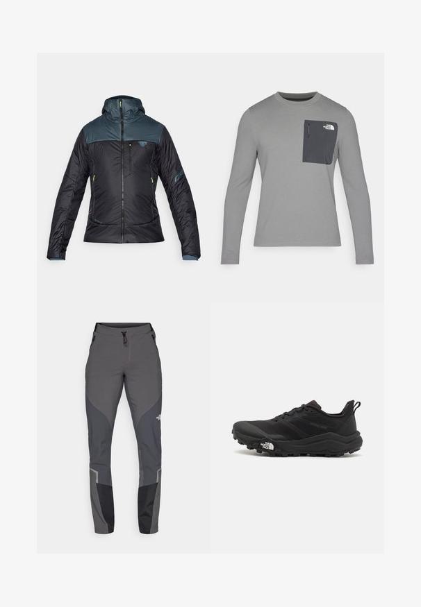Jachetă izolată neagră cu secțiune superioară albastră, cu fermoar în față și glugă. Caracteristicile includ cusături vizibile, buzunare cu fermoar și branding.; Cămașă gri cu mânecă lungă, dintr-un material texturat, având un buzunar pe piept de culoare gri închis și închidere cu fermoar. Logo-ul pe buzunar este alb.; Pantaloni de drumeție gri, cu un design conic, multiple buzunare și accente contrastante în gri închis și negru. Realizați dintr-un material flexibil și durabil.; Pantofii de alergare pe teren accidentat, de culoare neagră, cu un superior texturat, talpă din cauciuc și vârf întărit. Prezintă un guler căptușit și o bandă de prindere pentru îmbrăcare ușoară.