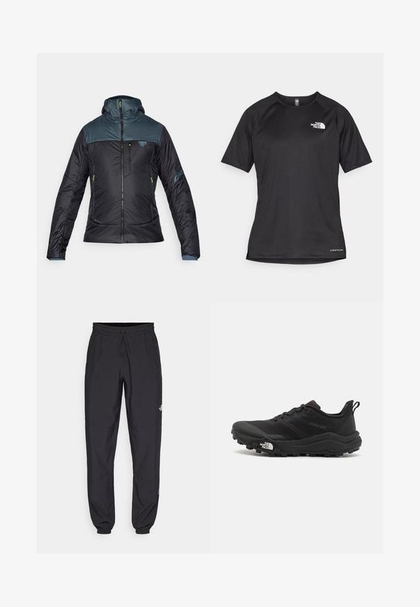 Svart isolert jakke med blå øverste del, glidelås foran og hette. Funksjoner inkluderer synlig søm, glidelåslommer og merkevare.; Svart kortermet treningstrøye med strukturert stoff, med en hvit logo på venstre bryst og rett kant.; Sorte idrettsbukser laget av lett stoff, med snor i livet, sidelommer og smale mansjetter ved anklene.; Svart terrengløpesko med teksturert overdel, gummisåle og forsterket tåhette. Har polstret krage og løftestropp for enkel påkledning.