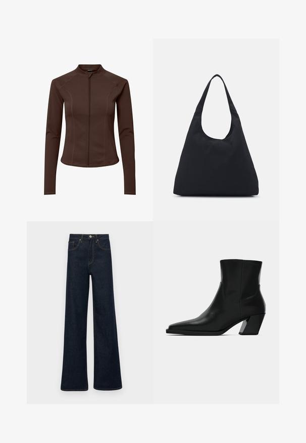 Brown zip-up jacket with long sleeves, featuring a high collar and fitted design. Smooth texture with subtle stitching detail along the seams.; White cable-knit turtleneck sweater with a cropped silhouette, featuring ribbed cuffs and hem. Soft texture with a cozy, chunky design.; Dark blue wide-leg denim jeans with front pockets, belt loops, and a button closure.; Black leather ankle boot with a pointed toe, a sleek silhouette, and a chunky square heel. Smooth texture with minimal stitching details.; Black fabric bag with a single, wide shoulder strap. Soft, semi-structured shape and smooth texture; minimal design, without visible hardware.