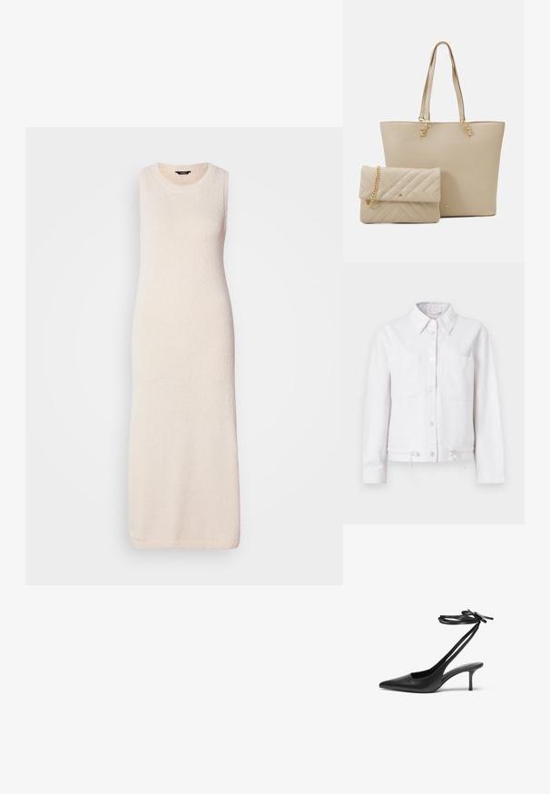 Valge puuvillane jakk pika varrukaga, nööpide ees, kaks rinnataskut ja reguleeritav nöör allääres. Sile tekstuur, kraedisuunaga disain.; Kootud ilma varrukateta maxi kleit heledas beežis, vahva pinna ja ümmarguse kaelusega, langeb otse lõpuni.; Must musta stiletto kingad terava ninaga, avatud seljaosa ja pahkluu rihmadega, mis on seotud kaareks. Kitsa 3-tollise kontsaga. Sile tekstuur, minimalistlik disain.; Beesum kott, millel on lamedad käepidemed, sile tekstuur ja kuldne riistvara, koos sobiva tikandiga kottide koos ahelkandiga.