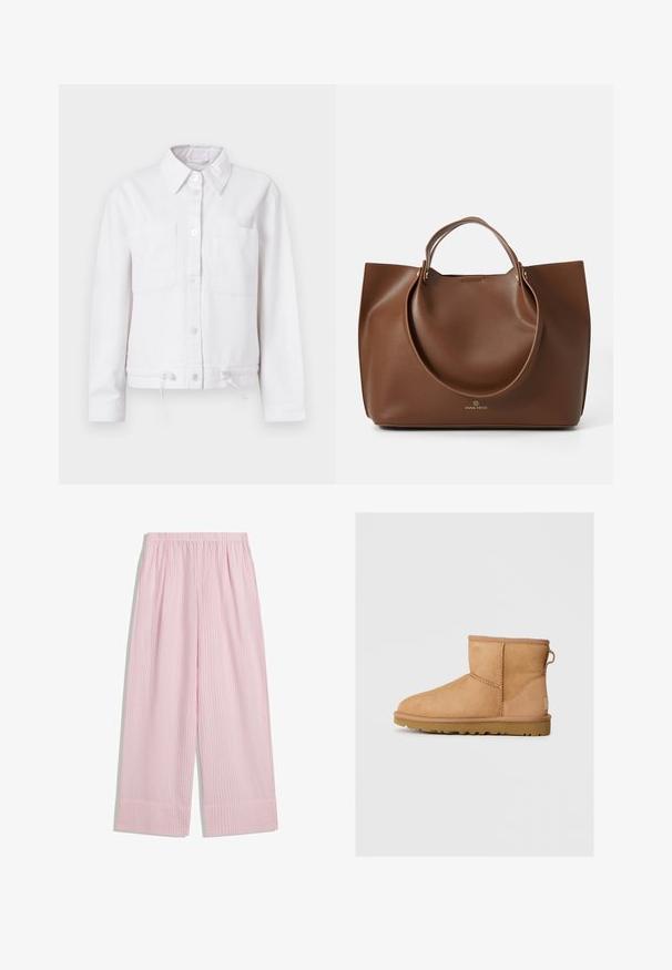 Biely bavlnený kabát s dlhými rukávmi, zapínaním na gombíky vpredu, s dvoma náprsními vreckami a nastaviteľnou šnúrkou na leme. Hladká textúra, dizajn s golierom.; Krémový pletený sveter bez ramien s rebrovanou textúrou, skombinovaný s čiernou sukovou sukňou s vysokým pásom, ktorá má opasok a bočné akcenty.; Ružové pruhované široké nohavice s elastickým pásom, s textúrovanou tkaninou a mierne rozšíreným spodkom.; Svetlohnedé semišové členkové topánky s okrúhlou špičkou, prešívaním, pútkom na zadnej strane a textúrovanou gumovou podrážkou. Navrhnuté pre pohodlie a teplo.; Hnedá kožená taška s hladkým povrchom, veľkými kruhovými úchytmi, s minimalistickým dizajnom a logom embosovaným na dne.