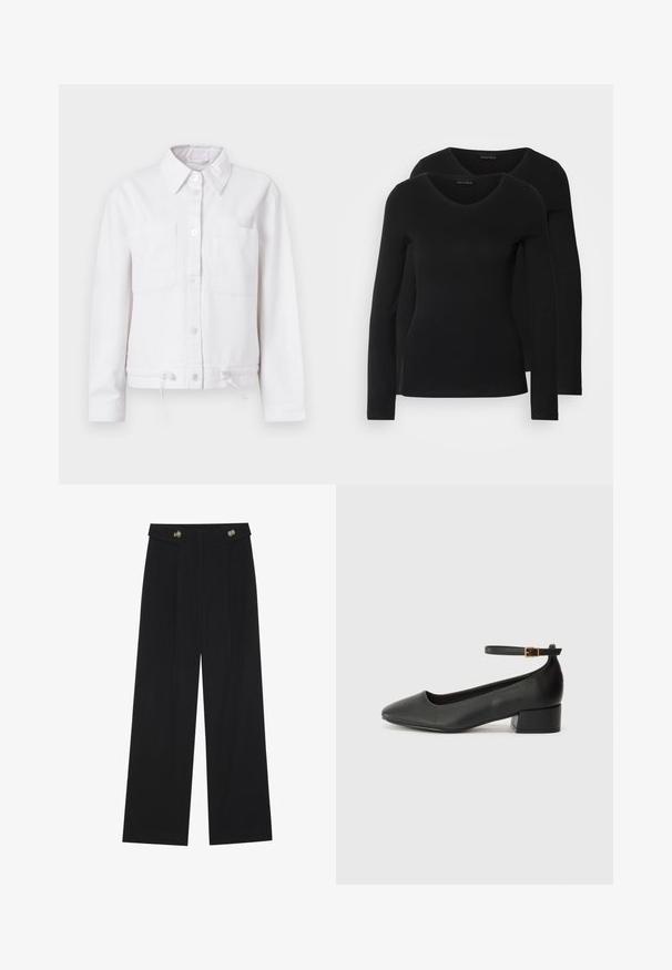 Vit bomullsjacka med långa ärmar, knappstängning, två bröstfickor och justerbar dragsko i nederkant. Slät textur, kragdesign.; Två svarta långärmade tröjor med V-ringning, tillverkade av mjukt, stretchy tyg, som visar en slät textur och en figursydd form.; Svarta vida byxor med hög midja, knäppdetaljer i midjan och framfickor.; Svart läderpump med spetsig tå och en låg klack. Har en ankelsnodd med en guldtonad spänne. Slät textur.