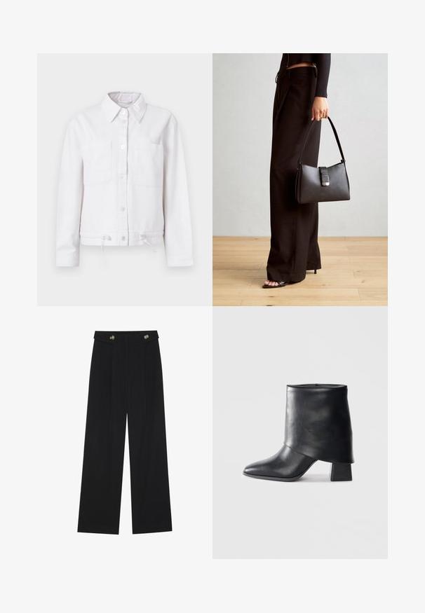 Bela bombažna jakna z dolgimi rokavi, sprednjim gumbom, dvema žepoma na prsih in nastavljivim vrvico na robu. Gladka tekstura, ovratni dizajn.; Dva dolga rokava, en črn in en bel, oba z kvadratnim izrezom in narejena iz mehkega, raztegljivega materiala.; Črne široke hlače s visokim pasom, gumbnimi detajli na pasu in sprednjimi gubami.; Črne usnjene gležnjarje z izostrenim prstom, gladko teksturo in trdnimi blokastimi petami. Imajo visok, zložen manšeti.; Črna torbica z strukturirano obliko, gladko teksturo in kovinskim zaponko. Ujemajo se z širokimi črnimi hlačami in odprtimi sandali na lesenem tleh.