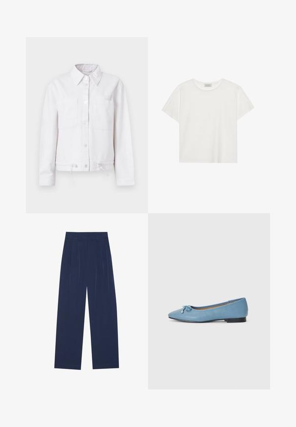 Biely bavlnený kabát s dlhými rukávmi, zapínaním na gombíky vpredu, s dvoma náprsními vreckami a nastaviteľnou šnúrkou na leme. Hladká textúra, dizajn s golierom.; Biele tričko s krátkymi rukávmi vyrobené z jemnej bavlny. Má okrúhly výstrih a voľný strih. Čistý dizajn bez viditeľných vzorov alebo akcentov.; Námornícky modré nohavice s širokými nohavicami vyrobené z mäkkej tkaniny, s prednými skladmi, hladkou štruktúrou a rovnými siluetami bez viditeľných vreciek.; Svetlomodré kožené balerínky s špicatou špičkou, s malou mašľou a nízkym čiernym podpätkom. Hladký povrch so švovými detailmi.