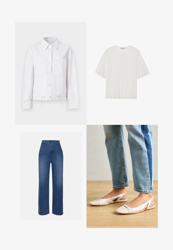 Fehér pamut dzseki hosszú ujjakkal, gombos elülső rész, két mellzseb és állítható zsinóros alj. Simább anyag, galléros kialakítás.; Fehér, rövid ujjú póló, puha anyagból készült. Kerek nyakkivágással és enyhén oversize fazonnal rendelkezik. Simás textúra, minimalista részletezéssel.; Közepesen kék, magas derekú farmernadrág. Elöl gombos részletek és széles szárú kialakítás jellemzi. Az anyaga sima tapintású, enyhén megfakult.; Világos rózsaszín slingback laposlábú cipők, hegyes orral, sima bőrhatású anyagból készült. Oldalt kivágott részletek találhatók rajta, valamint lapos sarkú.