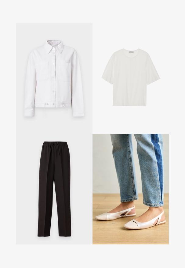 Biely bavlnený kabát s dlhými rukávmi, zapínaním na gombíky vpredu, s dvoma náprsními vreckami a nastaviteľnou šnúrkou na leme. Hladká textúra, dizajn s golierom.; Biela krátkopupková tričko vyrobené z mäkkého materiálu. Má okrúhly výstrih a mierne boxový strih. Hladká textúra, minimálne detaily.; Čierne široké nohavice s elastickým pásom a nastaviteľnou šnúrkou. Vyrobené z hladkej, ľahkej tkaniny bez viditeľných vzorov.; Svetloružové slingback baleríny s jemne špicatou špičkou, vyrobené z hladkého materiálu pripomínajúceho kožu. Majú výrezové detaily na stranách a plochý opätok.