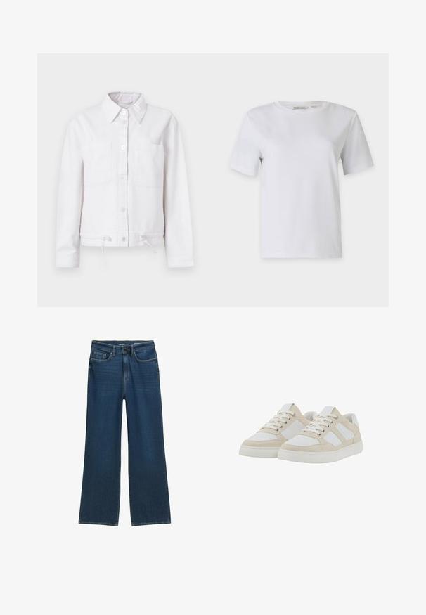 Balta medvilninė striukė su ilgomis rankovėmis, mygtukų užsegimu priekyje, dviem krūtinės kišenėmis ir reguliuojamu raišteliu apačioje. Lygi tekstūra, apykaklės dizainas.; Balta trumpa rankovėmis marškinėliai, pagaminti iš lygaus medvilnės. Turi apvalų iškirpimą ir tiesų apačią, be raštų ar dekoracijų.; Tamsiai mėlynos plačių kojų džinsai su penkių kišenių dizainu, mygtukų užsegimu ir subtiliais siuvimo detalėmis siūlėse.; Kreminiai ir baltieji sportbačiai su tekstūruotu viršumi, raištelių užsegimu ir paminkštintu apvadu. Turėdami tris baltas šonines juosteles ir guminį padą.