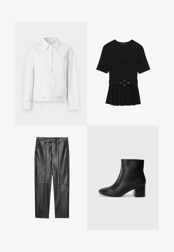 Jaqueta branca de algodão com mangas longas, fecho de botão na frente, dois bolsos no peito e cordão ajustável na barra. Textura suave, design com colarinho.; Top preto de mangas curtas, feito de material suave, com design peplum e uma cintura cinto com dois botões redondos em tom prateado.; Calças de pele preta com uma textura suave, apresentando um ajuste reto, dois bolsos frontais e detalhes de costura visíveis.; Botas de tornozelo em pele preta com bico pontiagudo e um salto robusto. Textura suave com acentos mínimos e um design ajustado e elegante.