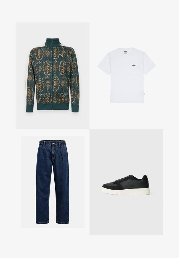Pakārts žakets ar tumši zaļu pamatni un sarežģītiem zelta un oranžiem ziedu rakstiem. Ribota aproce un apkakle, maiga auduma tekstūra.; Balta kokvilnas t-krekls ar īsām piedurknēm, ar mazu melnu logotipu uz krūtīm un birku apakšējā kreisajā stūrī.; Tumši zilie džinsu bikses ar taisna kāju dizainu. Iezīmējas redzamas šuves, pogu aizdare un priekšējie gurni papildu detaļām.; Melnas zemas tenisa kurpes ar teksturētu ādu un zamša paneļiem, baltu gumijas zoli un melnām šņorēm uz vienkārša gaiša fona.
