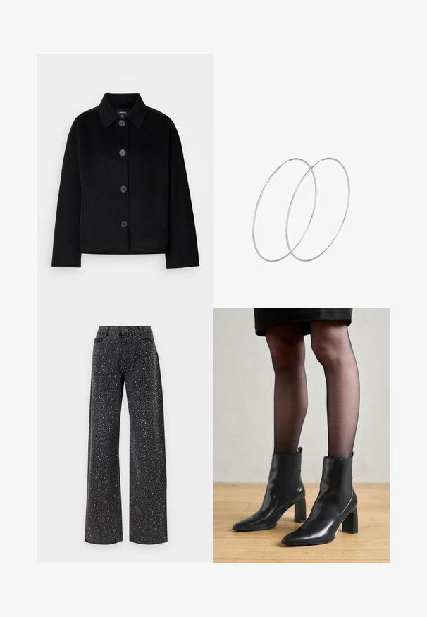 Black button-up jacket with a collar, made from a soft material. Features four front buttons, a boxy shape, and side pockets.; Navy turtleneck long-sleeve top. Made from soft fabric with a smooth texture. Features a fitted design and high collar without visible seams.; Noisy May NMJANNEL LOOSE - Relaxed fit jeans - black denim; Black leather ankle boots with a pointed toe, chunky square heel, and sleek design. Features elastic side panels for easy wear.; Silver hoop earrings with a minimalist design. Circular shape, smooth texture, and thin profile. Lightweight with a polished finish.