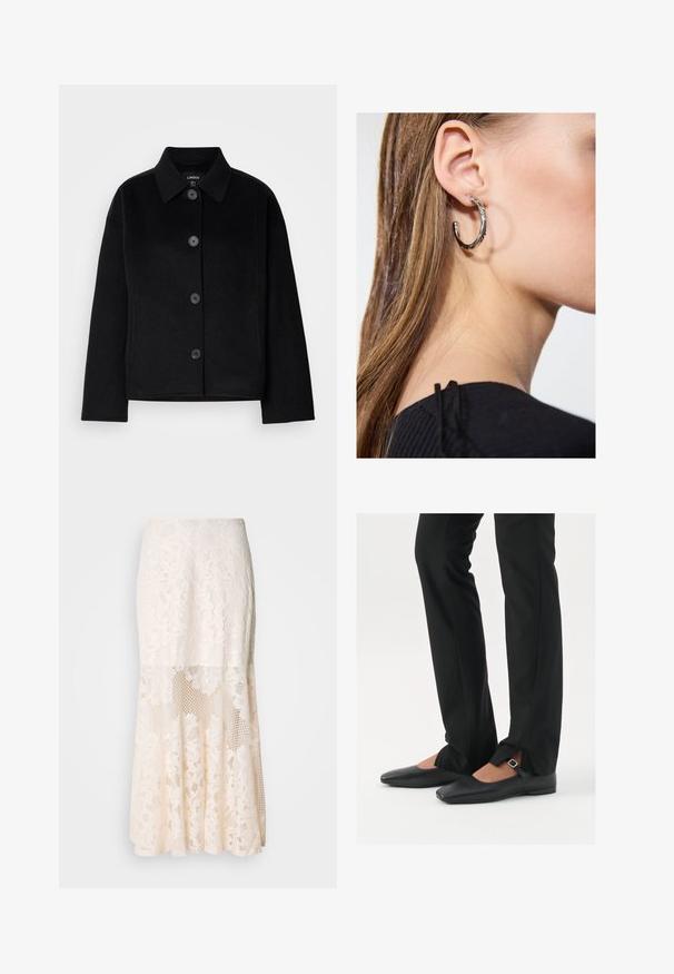 Svart skjortejakke med krage, laget av et mykt materiale. Har fire frontknapper, en boksformet fasong, og sidelommer.; Svart tanktopp laget av myk, elastisk stoff. Har rund halsutskjæring og brede skulderstropper, med en tettsittende silhuett og jevn tekstur.; Blomsterbroderi midi skjørt i krem; har lagd design med gjennomsiktige seksjoner, teksturert blonde og flared kant.; Svart skinnballett-sko med spiss tå, stropp med sølvspenne, kombinert med svarte skreddersydde bukser med splitt i kanten.; Sølv ringøredob med en polert finish, med små gull detaljer og en rund form, båret på øreflippen.