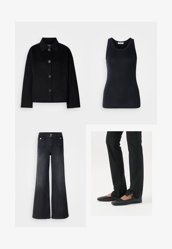 Čierna sako s golierom, vyrobené z mäkkého materiálu. Má štyri predné gombíky, hranatý strih a bočné vrecká.; Čierny tielko vyrobené z mäkkej, elastickej tkaniny. Má okrúhly výstrih a široké ramenné popruhy, so priliehavým strihom a hladkou textúrou.; Čierne džíny s širokými nohavicami a vysokým pásom, so zapínaním na prednej strane a dvoma prednými vreckami; hladká textúra s miernym vyblednutím.; Čierne kožené baletky s špicatou špičkou, remienkom so striebornou prackou, skombinované s čiernymi strihovými nohavicami so rozparkom na leme.