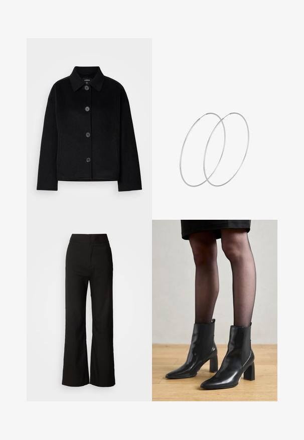 Sort button-up jakke med krave, lavet af et blødt materiale. Har fire frontknapper, en kasseformet pasform og sidelommer.; Sort tanktop lavet af blødt, strækbart materiale. Har en rund halsudskæring og brede stropper, med en tætsiddende silhuet og glat tekstur.; Sorte bukser med bred benvidde, glat tekstur, høj talje og et enkelt design. Ingen synlige lommer eller udsmykninger.; Sorte læderankelstøvler med spids tå, kraftig firkantet hæl og slankt design. Har elastiske sidepaneler for nem påtagning.; Sølvøreringe med et minimalistisk design. Cirkulær form, glat tekstur og tynd profil. Letvægtige med en poleret overflade.