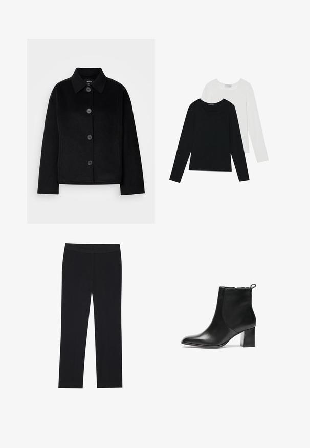 Melna pogājama jaka ar apkakli, izgatavota no mīksta materiāla. Iespējas ietver četras priekšējās pogas, kvadrātveida formu un sānu kabatas.; Divi ilgiem piedurknēm tops, viens melns un otrs balts, abiem ir kvadrāta izgriezums un tie ir izgatavoti no mīksta, elastīga auduma.; Melni bikses ar taisnu kāju dizainu, ar sānu kabatām un gludu auduma tekstūru. Minimāla apdare, tīra jostasvieta.; Melnas ādas potītes zābaks ar noapaļotu purngalu, vidēja augstuma bloku papēdi un aizdari aizmugurē. Gluda tekstūra, minimāls dizains.