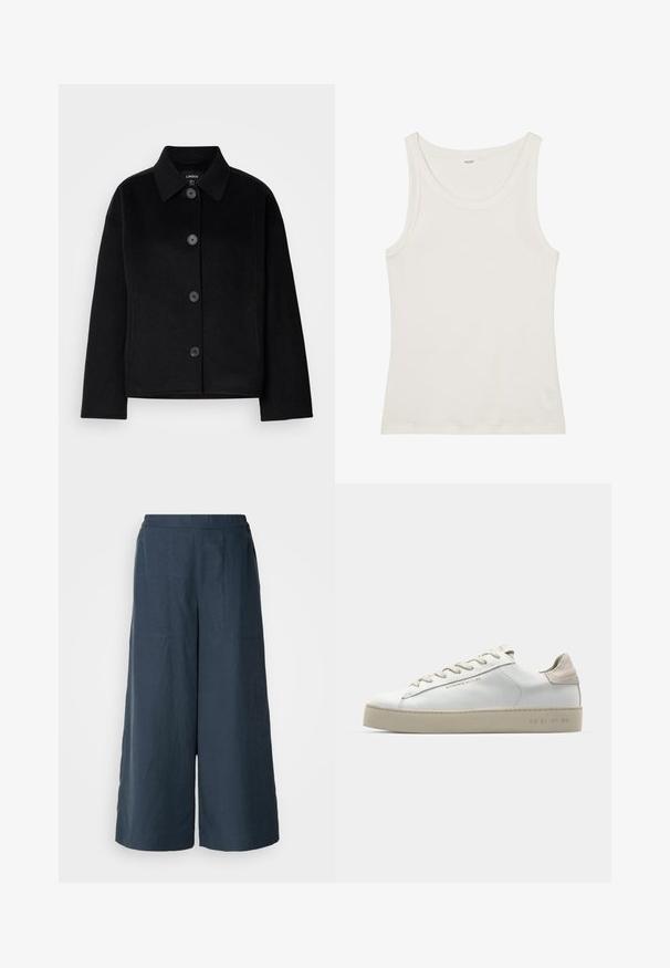 Must värviline, nööpidega jakk kaelusega, valmistatud pehmest materjalist. Omab nelja esimest nuppu, kastikujulist lõiget ja küljetaskut.; Valge puuvillane top, millel on lai kaelus ja õhukesed õlavarre rihmad. Sile tekstuur ilma nähtavate mustrite või kaunistusteta.; Kitsad laiad püksid tumesinisest kergest kangast. Omavad veidi tekstuurset pinda, elastset vööd ja esimesi õmblusi.; Valge nahast toss, millel on sile pind, beežist seemisnahast aktsendid, ümar nina, lame puuvillane pael ja tekstuuriga kummitald.