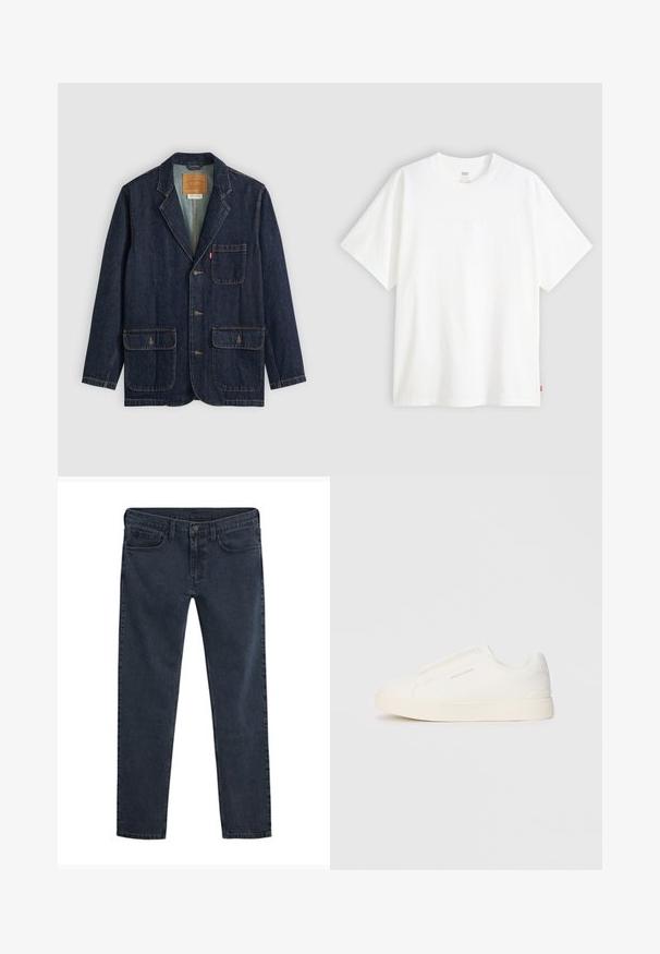 Sötét farmer blézer, kifordított hajtókával, három gombbal, két nagy elülső zsebbel és egy mellzsebbel. Látható varrott díszítések és belső címke.; Fehér, rövid ujjú pamut póló, kerek nyakkivágással. Az elülső részen finom, domború logós részlet található, valamint egy piros cimke az alsó szegélyen.; Sötétkék farmernadrág, szűk szabású, ötpzsebes kialakítású, gombos záródású, enyhén kopott hatású szövettel.; Fehér slip-on sportcipők texturált felülettel, vastag talppal és minimalista dizájnnal. Az oldalon a márka logója található.