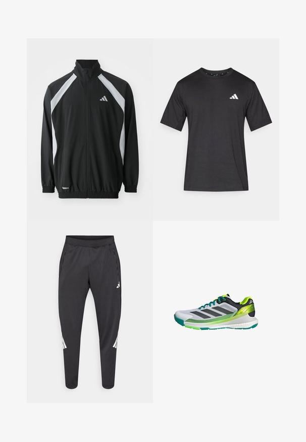 adidas Performance TECH - Športna jakna/jopica - black/halo silver-coloured; Črno majico s kratkimi rokavi, izdelano iz tkanine z gladko teksturo; vsebuje belo logo na prsih in okroglo ovratnico.; Črne športne hlače z zoženimi hlačnicami, elastnim pasom, stranskimi žepi ter belim logotipom in črtami. Narejene iz gladkega, lahkega materiala.; Siva in črna športna čevelj z zelenimi poudarki in mrežastim zgornjim delom. Ima tri črne črte in teksturiran podplat za oprijem.