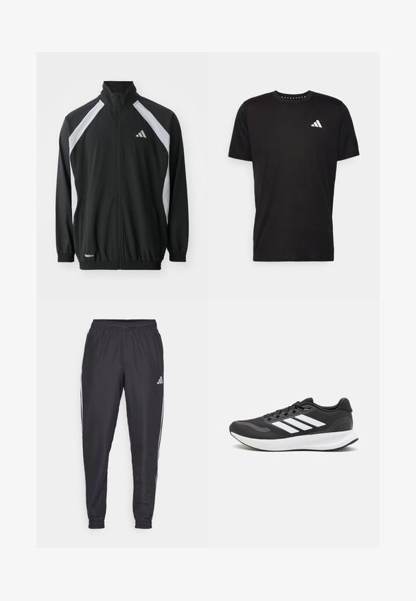 adidas Performance TECH - Treningsjakke - black/halo silver-coloured; Svart bomulls t-skjorte med korte ermer, rund hals og en hvit logo på venstre bryst. Glatt tekstur og enkelt design.; Svart treningsbukser med elastisk liv, med hvite striper langs sidene og en liten logo på hoften. Glatt tekstur.; Svarte sportsko med pustende mesh-overdel, hvite detaljer og en polstret såle. Har tre striper-logo på siden.