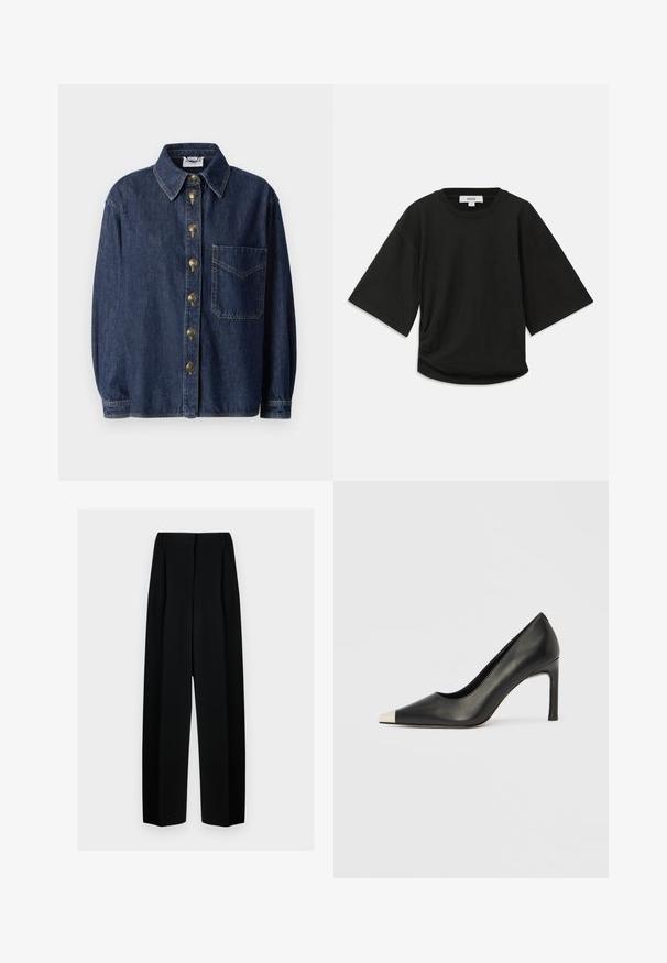 Tamno plava traper košulja s prednjim džepom, okruglim ovratnikom i metalnim gumbima. Casual kroj s dugim rukavima i vidljivim detaljima šivanja.; Crna kratka majica s kratkim rukavima, izrađena od mekog pamuka, s okruglim izrezom i opuštenim krojem te suptilnim nabiranjem sa strane.; Crne široke hlače s visokim strukom, s naborima i glatkom teksturom. Tkanina izgleda lagano i elegantno pada.; Crna kožna cipela s visokim potpeticama, špicastim vrhom i metalnim srebrnim vrhom. Ima glatku završnu obradu i tanku petu visine 10 cm.