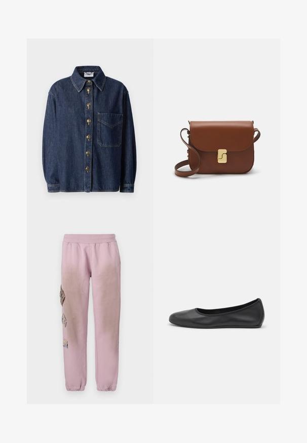 Temno modra denim srajca z sprednjim žepom, okroglim ovratnikom in kovinskimi gumbi. Priložnostna oblika z dolgimi rokavi in vidnimi šivi.; Bela kratka majica s kratkimi rokavi iz rebrastega materiala. Okrogla ovratnica, običajen kroj in subtilni šivi. Brez vzorcev ali grafik.; Roza trenirka z elastičnim pasom, ki ima okrasne obliže v obliki diamantov na levi strani in elastične manšete na gležnjih.; Črne usnjene balerinke z zaobljenim nosom, gladko teksturo, minimalnimi šivi in fleksibilno zasnovo podplata.; Rjava usnjena torbica s poklopcem, zlato obarvani okovi, naramnica in gladka tekstura. Kompaktna pravokotna oblika.