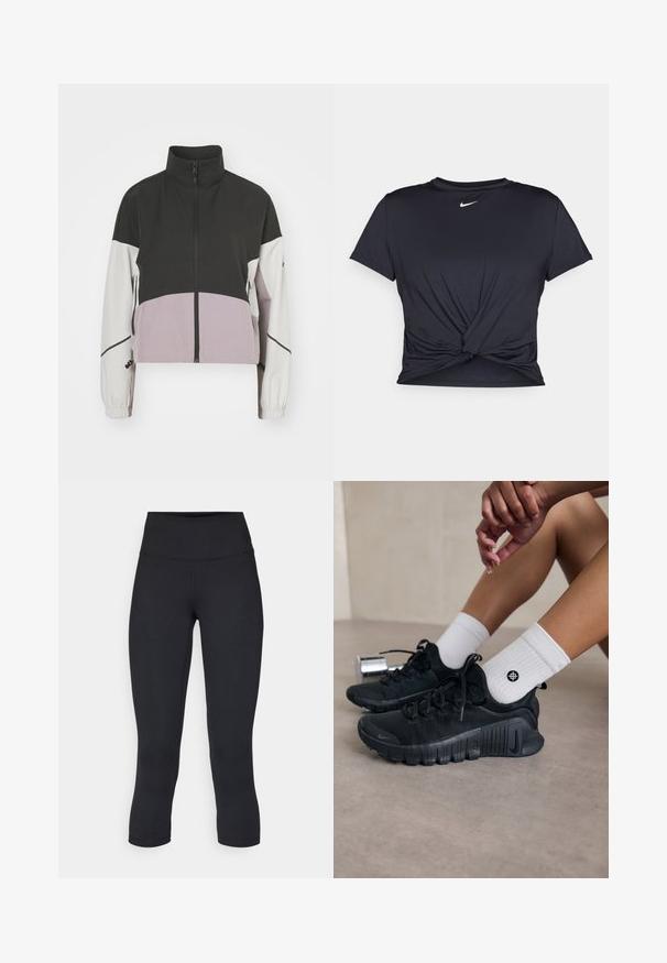 Kroptota jakas melnā, baltā un lavandas krāsā ar augstu apkakli, rāvējslēdzēja aizdari un elastīgiem piedurkņu galiem. Iezīmē krāsu bloku dizainu ar sānu kabatām.; Melna sporta t-kreklu ar gludu audumu, ar mezglošanas priekšpusi un mazu baltu Nike logotipu uz krūšu daļas.; Melnas apgrieztas legingi, izgatavoti no elastīga auduma, ar augstu jostasvietu un gludu tekstūru, bez redzamām rakstu vai aksesuāriem.; Melnas sporta kurpes ar teksturētu audumu, saistītu dizainu un izteiktu zoli, savienotas ar baltām ribotām zeķēm ar mazu logo.