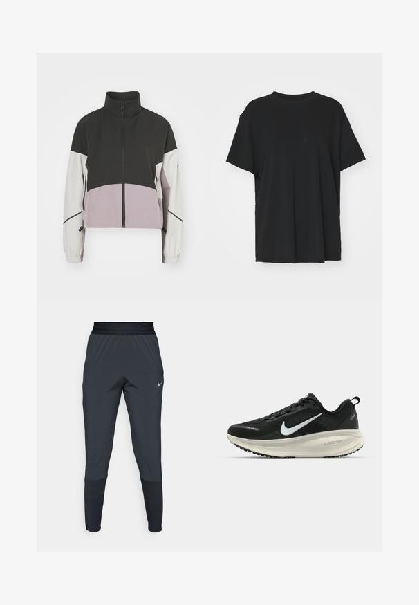 Cropped jacket in black, white, and lavender with a high collar, zip closure, and elastic cuffs. Features color-blocked design with side pockets.; Black short-sleeve t-shirt made of smooth fabric, with a crew neck and loose fit. Features side slits for added comfort and breathability.; Nike athletic pants in dark gray, featuring a tapered leg design, elastic waistband, and accent details near the cuffs.; Black Nike running shoe with breathable mesh upper, white swoosh logo, textured detailing, and a cream-colored ZoomX midsole.