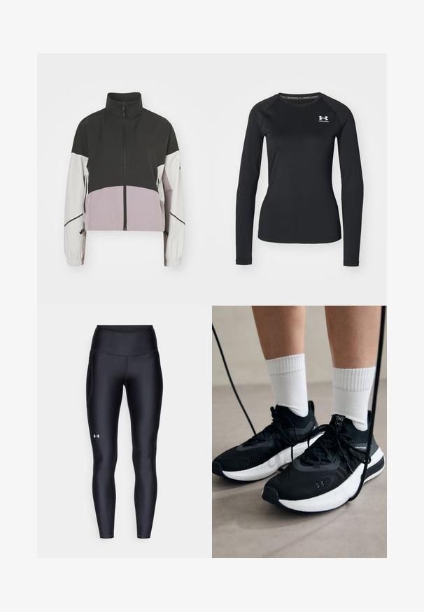 Kurze Jacke in Schwarz, Weiß und Lavendel mit hohem Kragen, Reißverschluss und elastischen Bündchen. Verfügt über ein farblich abgesetztes Design mit seitlichen Taschen.; Schwarzes langärmliges Sportshirt aus glattem Material, mit Rundhalsausschnitt und einem kleinen weißen Logo auf der linken Brust.; Schwarze Leggings aus glattem, elastischem Material mit einem hohen Bund. Mit einem weißen Logo auf dem linken Oberschenkel und tailliertem Design.; Schwarze Sportschuhe aus strukturiertem Stoff, mit weißer Sohle und schwarzen Schnürsenkeln. Tragen mit weißen gerippten Socken, stehen auf einer hellen Fläche.