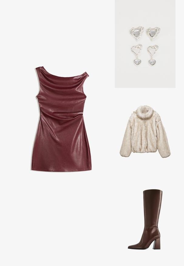 Faux fur cropped jacket in light beige with a high collar, long sleeves, and soft, fluffy texture. Features a front zip closure.; Burgundy sleeveless dress made of glossy faux leather, featuring a draped design and a mid-thigh length with a subtle contouring effect.; Brown knee-high leather boot with pointed toe and chunky mid-height heel shown in side profile on white background.; Silver heart-shaped earrings feature faceted clear stones, with a textured frame. The set includes stud and drop styles.
