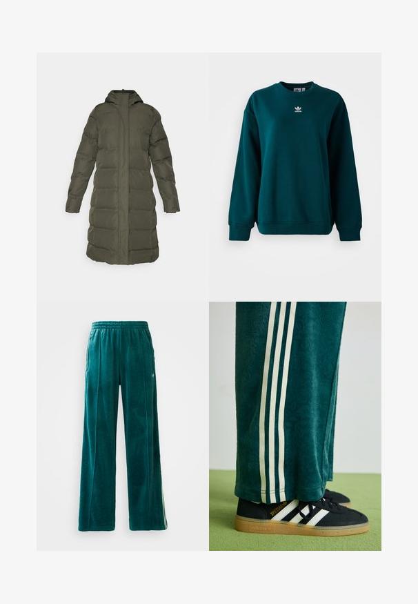 Oliven grønn dunjakke, knelång, med hette, lange ermer og vertikale sømmer for tekstur. Frontglidelås, ingen lommer.; Mørkegrønn Adidas hettegenser med lange ermer og hvit Adidas-logo plassert på brystet, vist på hvit bakgrunn.; Teal velour joggesbukser med løs passform, elastisk midje, sidelommer og subtil teksturmønster. Har kontrasterende striper langs sidene.; Grønne teksturerte bukser med hvite sidelister, kombinert med sorte Adidas-sneakers med tre hvite striper og en gummisåle.