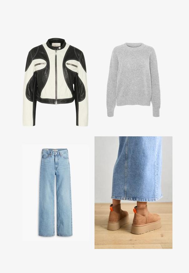 Melnā un baltā ādas jakā ir krosta dizains, augsts apkaklis, rāvējslēdzējs kabatas un kontrastējošas šuves detaļas.; Pelēks adīts džemperis ar garām piedurknēm, apaļu kakla izgriezumu, ribotām aprocēm un apakšmalu, ar mīkstu tekstūru un brīvu piegriezumu.; Augsti jostas, gaiši zili platā kāju džinsi ar priekšējo pogu un rāvējslēdzēju, jostas cilpām un piecu kabatu dizainu.; Brūni zamšādas platforma zābaki ar elastīgiem sānu paneļiem un oranžām cilpām, apvienoti ar līdz ceļgaliem garu gaišā denima svārku uz koka grīdas.