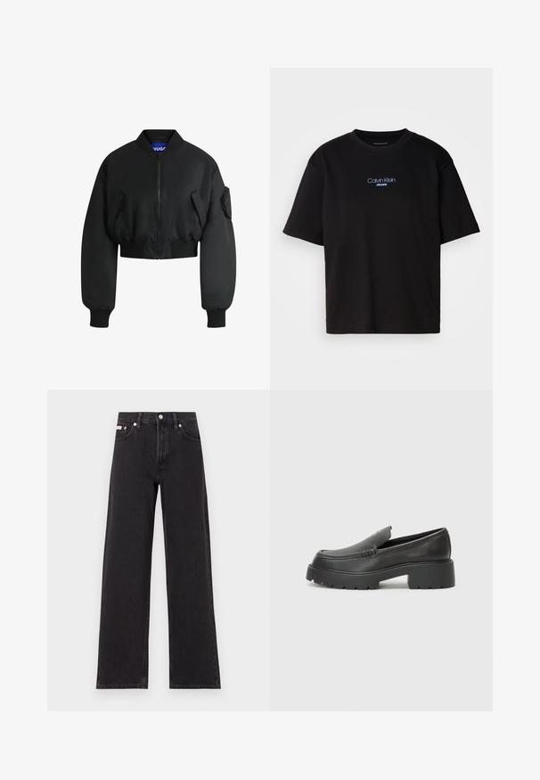 Giacca bomber nera realizzata in tessuto liscio. Presenta una chiusura con zip, polsini a costine e due tasche frontali. Design cropped con una vestibilità rilassata.; T-shirt nera in cotone con colletto rotondo, maniche corte e logo ricamato blu "Calvin Klein JEANS" sul davanti.; Jeans neri a gamba larga in denim, con vita alta, styling a cinque tasche e chiusura con bottone metallico e cuciture a contrasto.; Mocassini in pelle nera con punta arrotondata, suola spessa e testurizzata, e minime cuciture. Design elegante senza lacci o parti metalliche visibili.