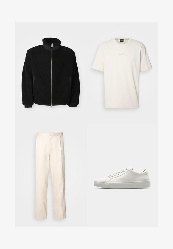 Jachetă din fleece negru, cu guler înalt, fermeture completă și manșete ribbate. Materialul are un aspect texturat, pufos.; BOSS TEE - Tricou basic - open white; Pantaloni din bumbac bej, cu croială dreaptă, dotati cu închidere cu nasture și pliuri în față pentru un plus de detaliu.; Sneaker din piele albă cu vârful rotund, design minimalist, șireturi gri și o talpă din cauciuc texturată, gri. Detalii de cusătură subtile vizibile.