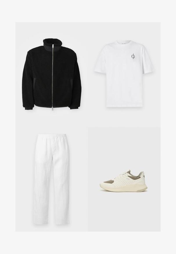 Crna flis jakna s visokim ovratnikom, punim patentnim zatvaračem i rebrastim manžetama. Tkanina ima teksturirani, dlačasti izgled.; Bijela pamučna majica s opuštenim krojem, s malim crnim grafičkim logotipom na lijevoj prečki. Kratki rukavi, okrugli izrez.; Bijele lanene hlače s elastičnim pojasom, ravnim krojem i mekanom teksturom bez vidljivih uzoraka ili metalnih detalja.; Bijele i svijetlosmeđe sportske tenisice, sa mrežastim gornjim dijelom, perforiranim detaljima i teksturiranim međutrakom sa brendom na peti.