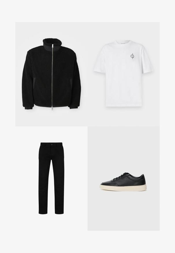 Melnā polāra jakā ar augstu apkakli, pilnu rāvējslēdzēju un ribinātām aprocēm. Audumam ir teksturēta, pūkaina izskata virsma.; Bāla kokvilnas t-kreklu ar brīvu piegulšanu, kuram uz kreisā krūšu apvidus ir neliels melns grafiskais logotips. Īsas piedurknes, apaļas kakla izgriezums.; Melni kokvilnas bikses ar taisnu piegriezumu, kas aprīkotas ar pogu aizdari, jostu cilpām un minimālistisku dizainu. Gluda tekstūra, bez rakstiem.; Melnas zemas ādas sporta kurpes ar melnām auklām un off-white zoli, rādītas no sānu profila uz baltā fona.