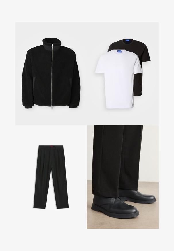 Schwarze Fleece-Jacke mit hohem Kragen, durchgehendem Reißverschluss und gerippten Bündchen. Der Stoff hat ein strukturiertes, fusseliges Aussehen.; Zwei übereinander gestapelte T-Shirts: eines weiß und eines schwarz. Kurze Ärmel, runde Ausschnitte, aus Baumwollstoff. Mit einem kleinen blauen Logo am Ausschnitt.; Schwarze Hose mit einem gefältelten Design, weiter Beinform und glatter Textur. Verfügt über ein rotes Taillenlabel.; Schwarze Lederschuhe mit abgerundeter Zehe, flacher Sohle und minimalem Design. Kombiniert mit maßgeschneiderten schwarzen Hosen, die eine glatte Textur zeigen.