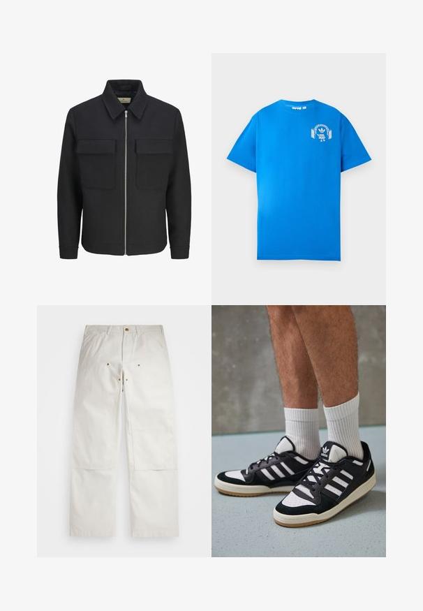Černá bunda na zip vyrobená z texturované tkaniny, s límcem, dvěma náprsními kapsami a rovnými lemy.; Modré bavlněné tričko s krátkým rukávem. Na přední straně je bílé grafické provedení s postavou s sluchátky a obloukem.; Bílé bavlněné kalhoty s volným střihem, předními kapsami, zlatými kovovými detaily a výztuhami na kolenou.; Černobílé tenisky s vrchní částí z semišové a kožené kůže, včetně tří bílých pruhů, perforovaného špičky a podrážky z gumy.