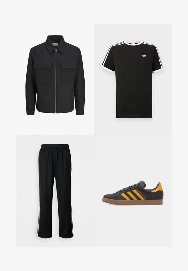 Črna jakna z zadrgo spredaj, izdelana iz teksturirane tkanine, z ovratnikom, dvema žepoma na prsih in ravnim robom.; Črna majica s kratkimi rokavi, izdelana iz bombaža, s belimi detajli. Ima raglan kroj in majhen logo na prsih. Tri bele črte na ramenih.; Črne atletske hlače z elastičnim pasom, ki imajo bele stranske črte in majhen logo. Material izgleda mehak in lahek.; Črne semiš tene z rumenimi akcenti, ki vsebujejo tri trakove in rjavo gumo podplat. Vključujejo oblazinjeno jezik za udobje.